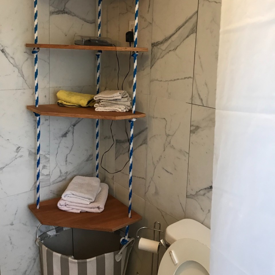 A white toilet sitting next to a wooden shelf